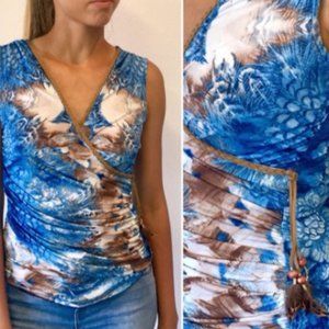 VENUS Printed Wrap Top w Feathers
